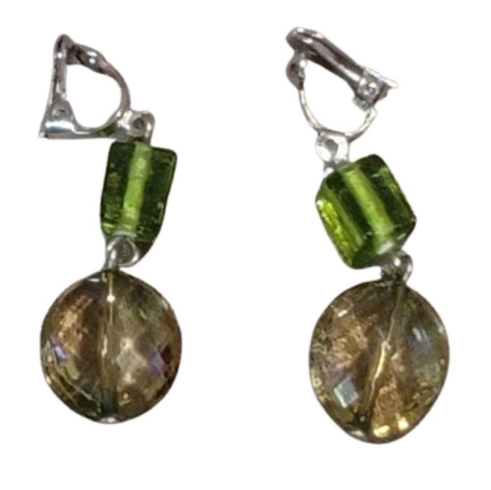 Vintage Earrings Summer Green + Tannish Silvertone Pierced Earrings